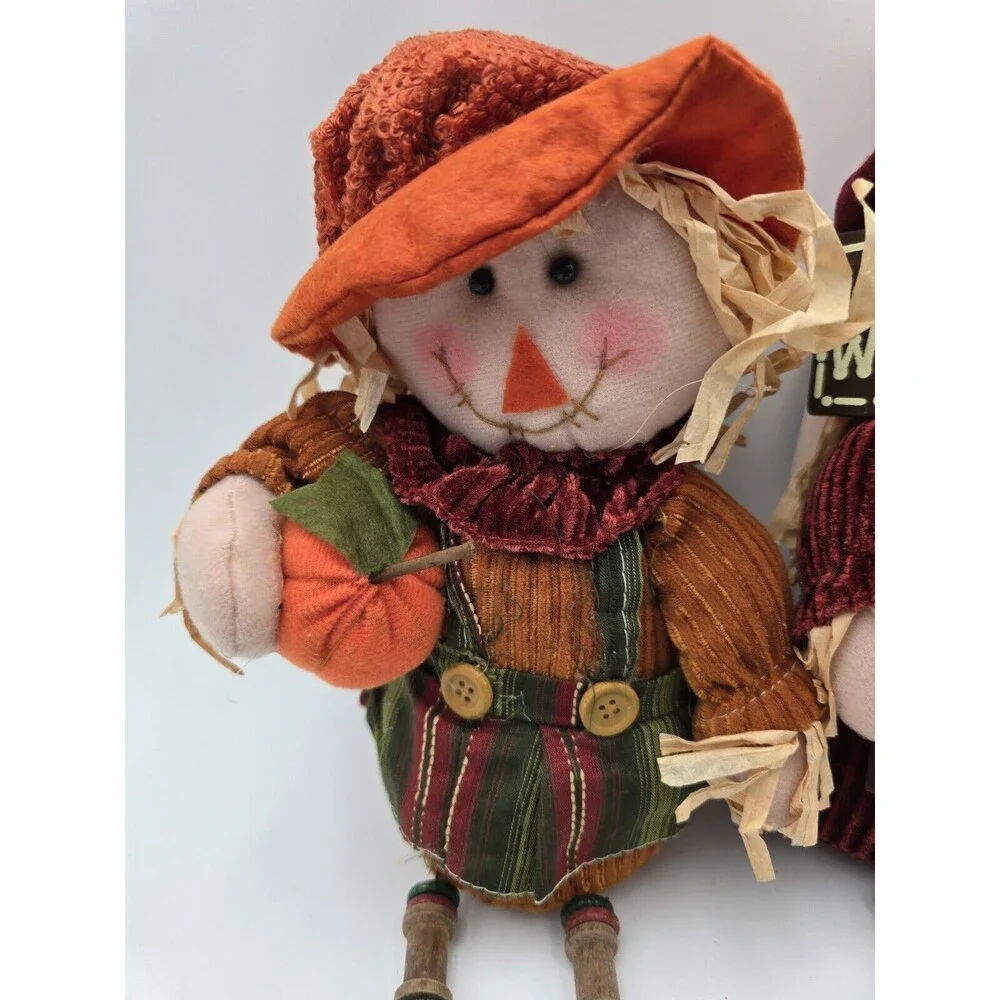 Scarecrow Couple Shelf Sitters Spool Bead Legs Welcome Sign‎ Autumn Decor 17